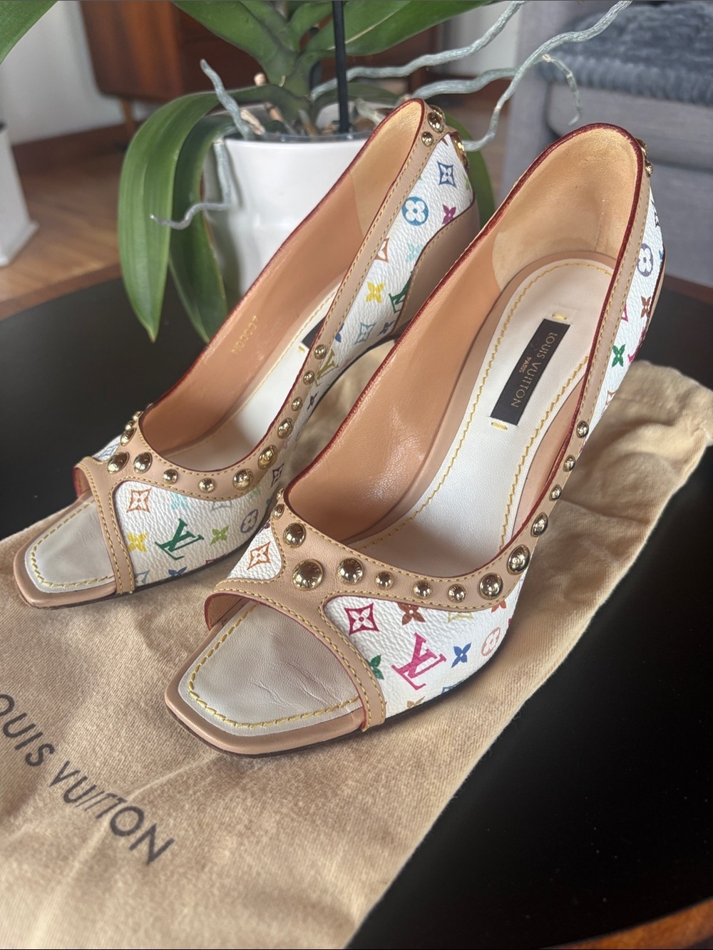 Louis Vuitton White Multicolor Monogram Studded Open-Toe Pumps